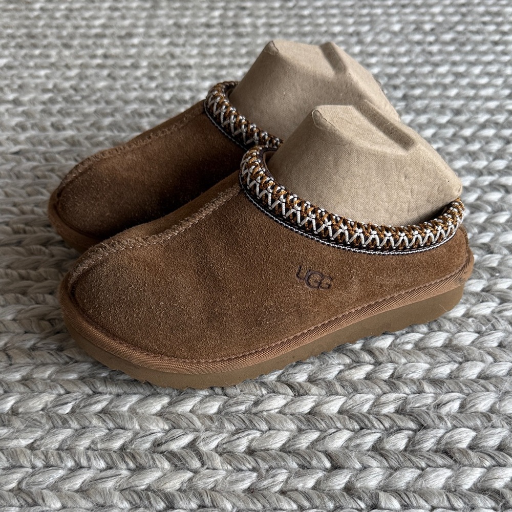 UGG Kids Brown Suede Slip-On Slippers with Braided Trim